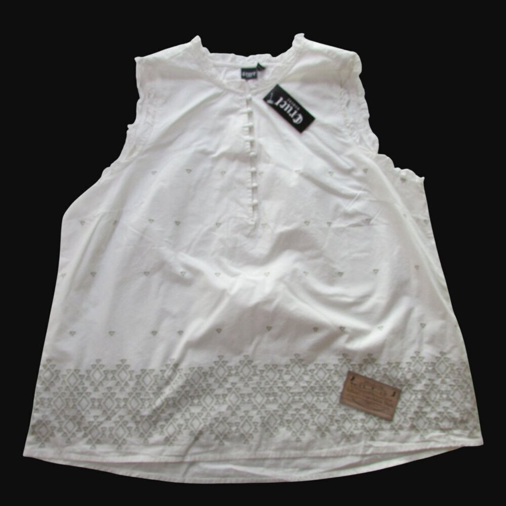 Cruel Denim Women's 2XL Sleeveless Aztec Embroidered Ruffle Trim Top White